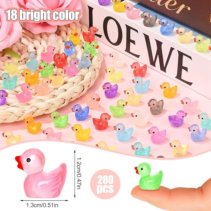 280PCS 18 Colors Luminous Mini Resin Ducks Glow in The Dark Tiny Ducks Figures to Hide Bulk Plastic Duck Miniature for Dollhouse Micro Landscape Aquarium Potted Cake Decor DIY Craft Gifts Party Favors