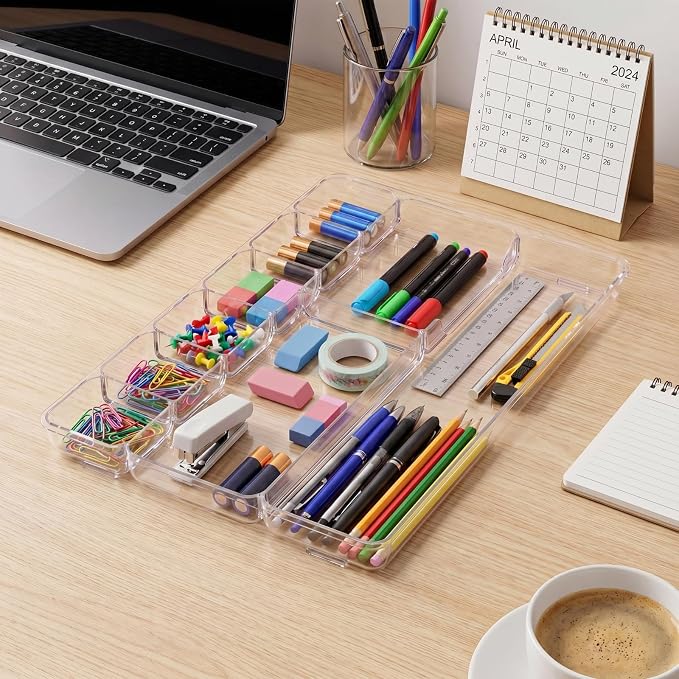 2 Pcs Shallow Drawer Organizers 14" x 9" x 1" Desk Drawer Organizer Tray with 9 Storage Compartments for Home Office Classroom School Organizing Pens Paper Clips Sticky Notes (Clear)