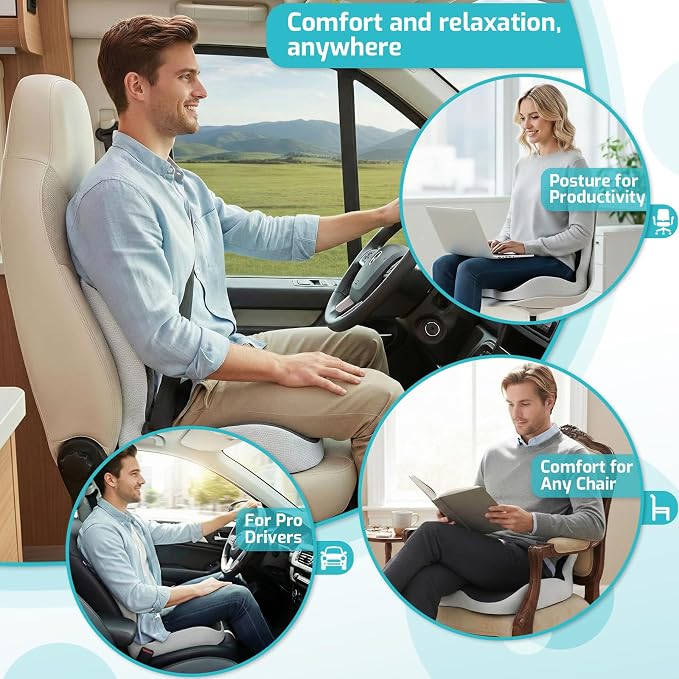 Trucker Seat Cushion, Thick Car Seat Cushions with Lumbar Support Pillow, Ergonomic L-Shaped Orthopedic Memory Foam for Long Driving Lower Back Pain Sciatica Relief, Gift for Drivers (Black+LGrey)