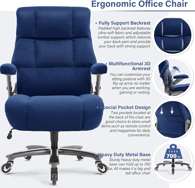 Big and Tall Office Chair 700lbs, Fabric Heavy Duty Executive Desk Chair | 3D Flip Arms, Extra Wide, Upgraded Wheels, Adjustable Lumbar Support, Metal Base, Large Ultra-Soft Ergonomic Computer Chairs
