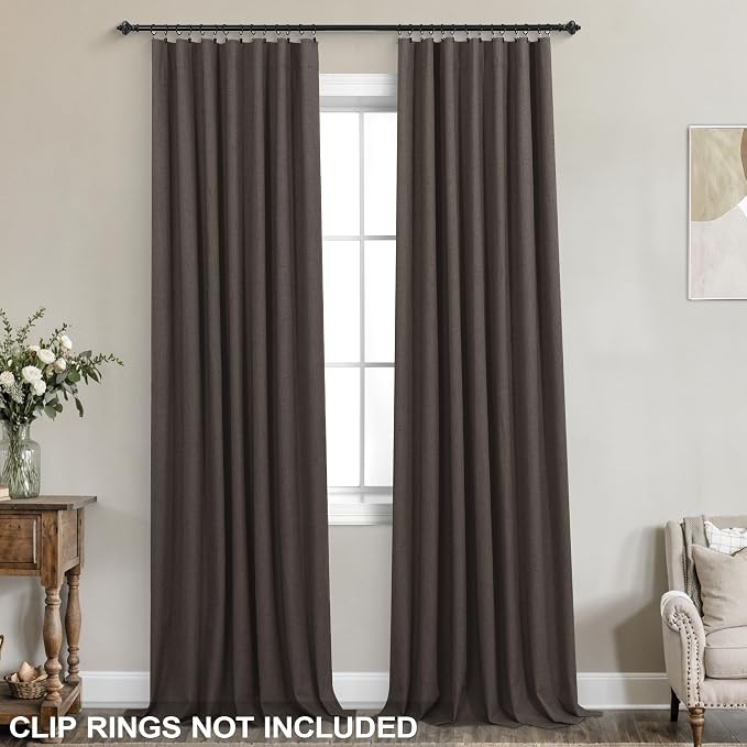 KOUFALL Brown Curtains Blackout 2 Panels,Dark Chocolate Linen Pleated Black Out Thermal Insulated Curtains for Winter Bedroom Living Room 84 Inch Long