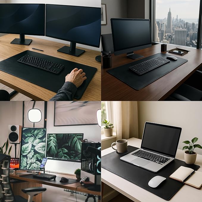 Leather Desk Mat Desk Pad - Full Grain (32x16) Leather Desk Cover Blotter & Protector - Large Computer Keyboard Gaming Table Mat - Desktop Accessories Mouse Pad for Laptop, Office & Home (Black)