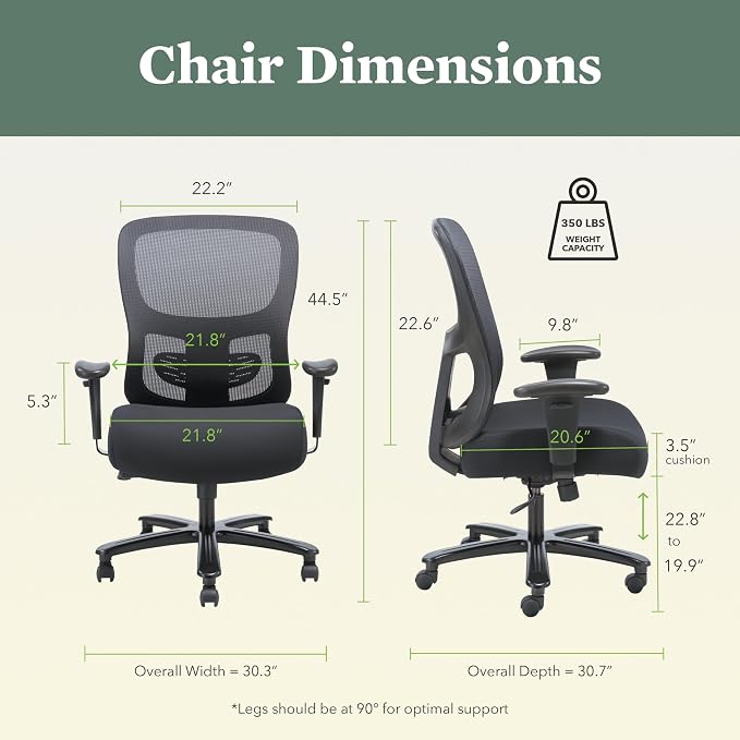 HON Sadie Big and Tall Ergonomic Office Chair, Heavy Duty Desk Chair, Black | Big and tall ergonomic office desk chair for desk work, lumbar support, adjustable arms, mesh comfort, 350 lb capacity