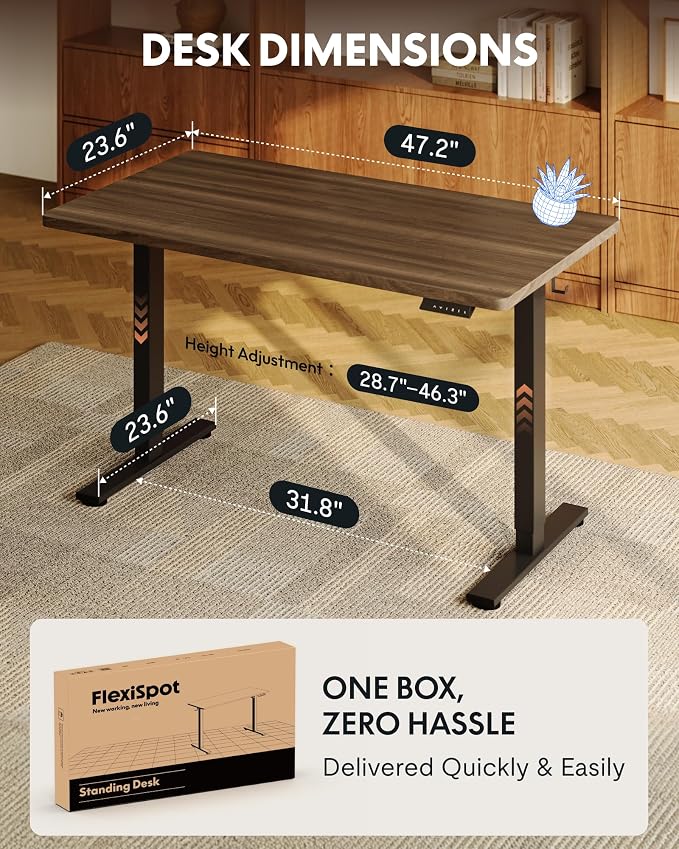 FLEXISPOT EN1 One-Piece Standing Desk, 48"x24" Seamless Desktop Electric Height Adjustable Desk for Home Office, Multi-Monitor Setups & Easy Assembly, Black Walnut (Black Frame)