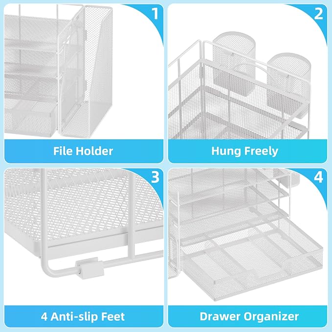 Marbrasse 4-Tier Paper Tray Organizer with Drawer and Pen Holder, White | Metal Mesh Desk Organizer, Built-in Drawer & 2 Pen Slots, fits letters/Files, for School Home Office Supplies