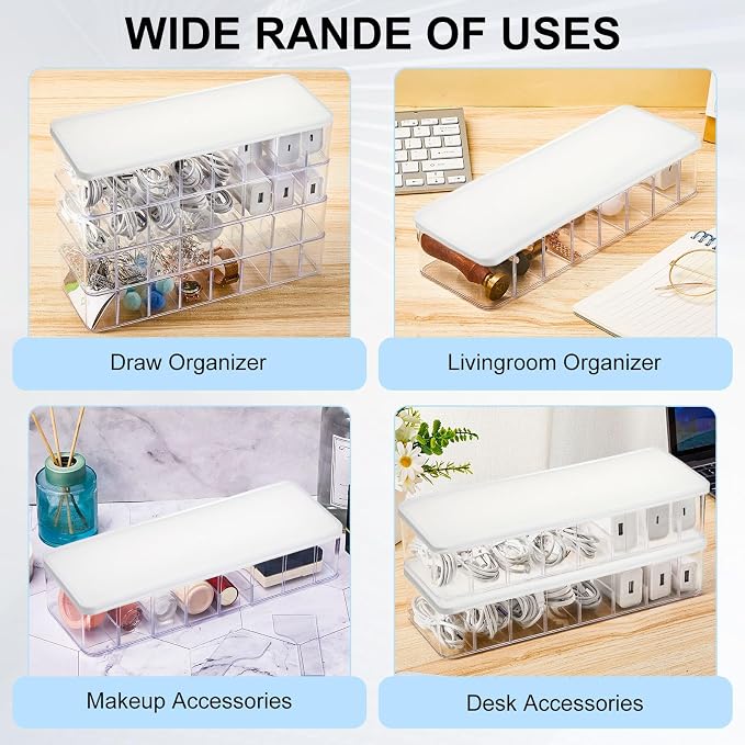 Tatuo 1 Pcs Cord Organizer for Drawer Desktop, Cable Organizer Box with 8 Compartments and Wire Ties, Plastic Charger Storage with Lid, Electronics Case for Home Office Accessories (Small,Clear,White)