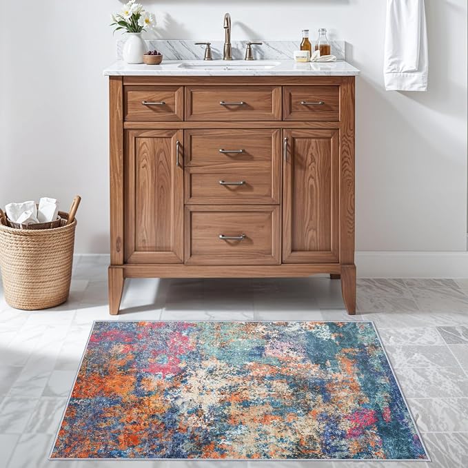 2x3 Rug Washable Runner for Entryway: Abstract Non Slip Bathroom Area Rug for Kitchen Floor Laundry Room - Small Soft Low-Pile Ultra Thin Rainbow Throw Door Mat for Modern Home Decor (2x3 Colorful)