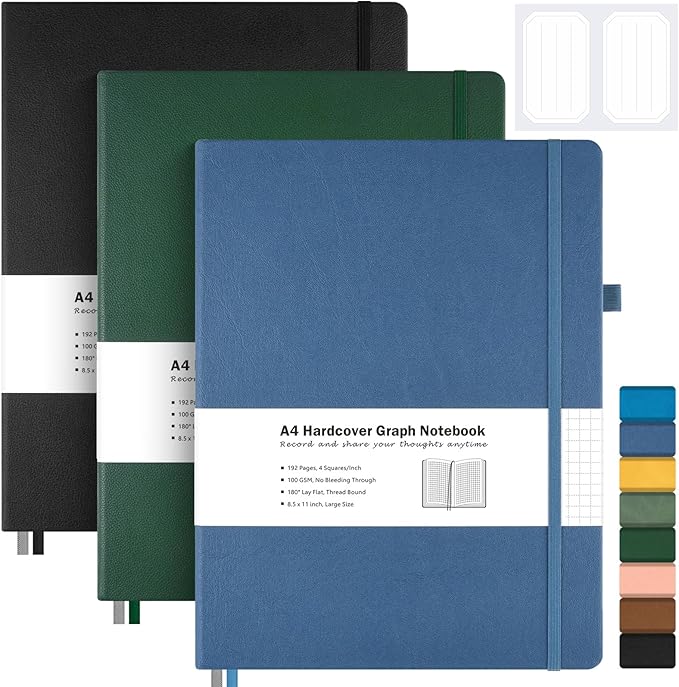 3 Pack Graph Paper Notebook, Hardcover Notebook 8.5 x 11, Grid Notebook Journal for Women, Men, Large Leather Journals for Writing, Thick Paper, A4 Notebooks for Work, School Supplies, Engineering