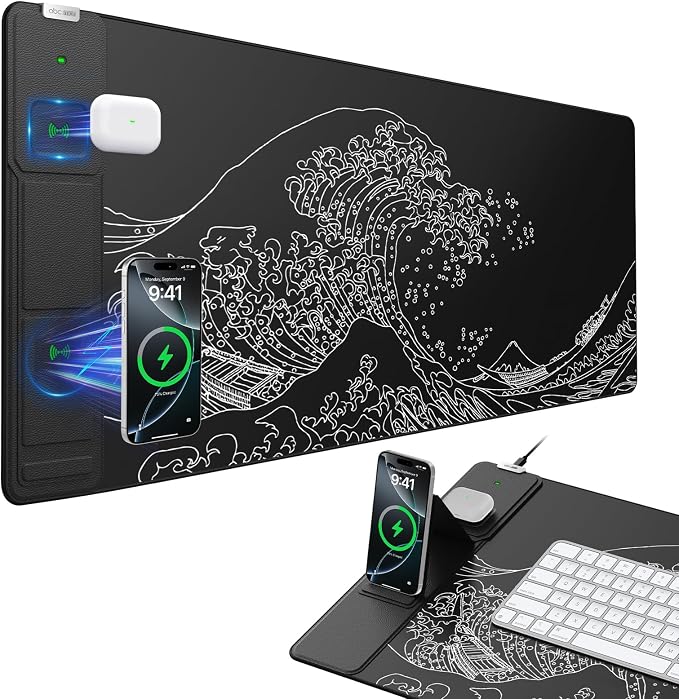 Wireless Charging Mouse Pad with Phone Holder, 31.5"x15.8" in, Black Wave | Large Desk Mat for Laptop/Keyboard, Waterproof Ultra-Smooth Surface, Non-Slip Base