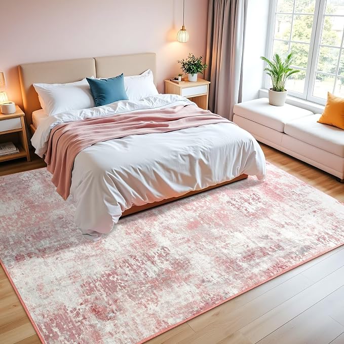Macgace Washable Abstract Rug, 4x6 Modern Area Rugs with Non-Slip Rubber Backed for Living Room, Thin but Soft Contemporary Carpet Kitchen Bedroom Decor, Pink