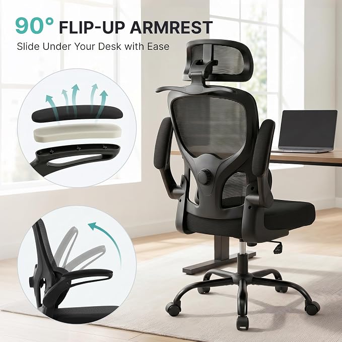 Ergonomic Mesh Office Chair,330LB Capacity High Back Desk Chair with Adjustable Lumbar Support, Adjustable Headrest & Flip-Up Arms,Breathable Computer Chair for Home Office,Work & Study,2pcs