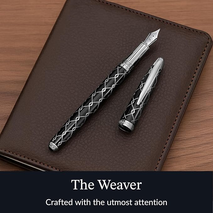 ‘The Weaver’ Black Luxury Executive Fountain Pen, Polished Lacquer and Chrome, Stainless Steel Nib, Easy Refill Ink Piston Converter, Smudge Free, No Bleed, Fits Our Instant Insert Ink Cartridges