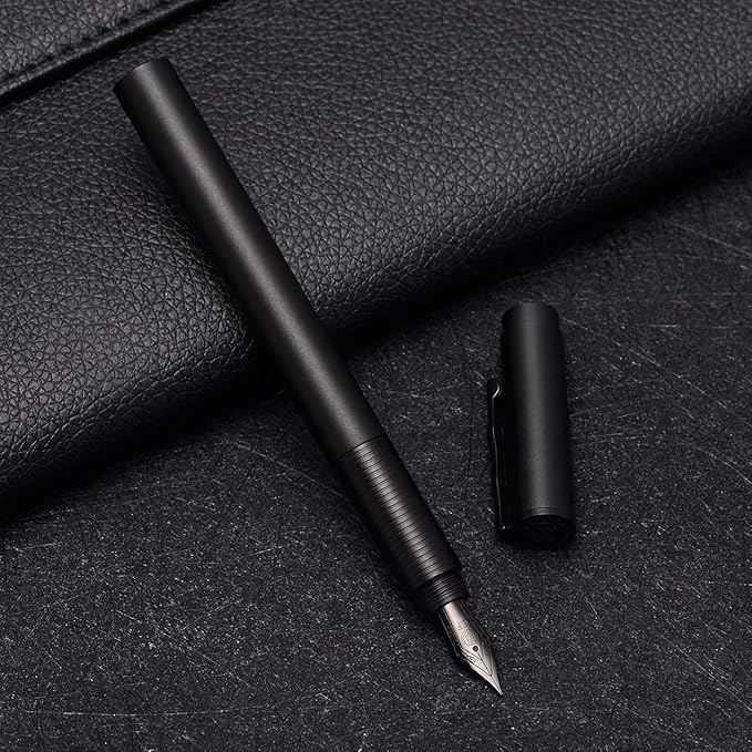 Hongdian H3 Fountain Pen Titanium Black EF Nib with Bamboo Pen Clip, Black Aluminum Alloy Writing Pen