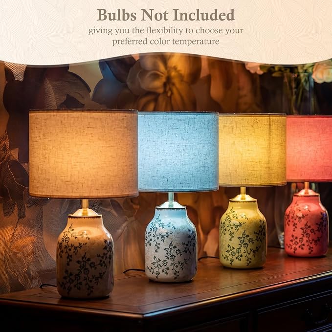 Tellingyou 2 Pcs 21" Vintage Green Ceramic Lamp with Beige Linen Shade Farmhouse Modern Table Lamp Ice Cracked Rose Floral for Bedroom Living Room Office Dorm Desk Table Rocker, Bulbs Not Included