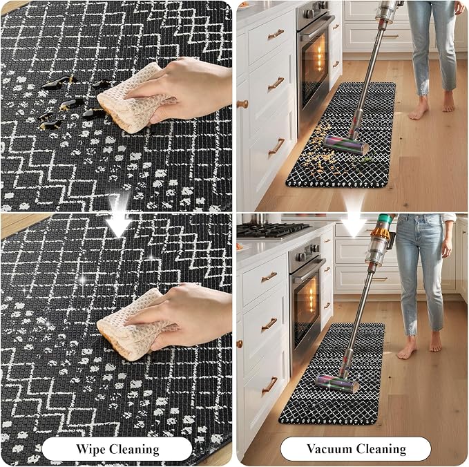 KIMODE Anti Fatigue Mats for Kitchen Floor 17"x47"+17"x29", Black Boho Distressed Kitchen Rugs Sets of 2, Cushioned Kitchen Floor Mats, Non Slip Standing Mats for Sink Laundry Room Decor Office Desk
