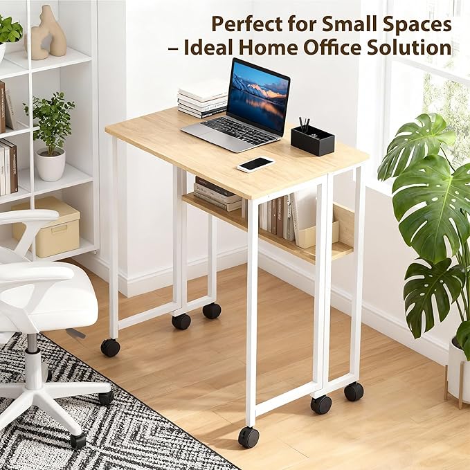 Folding Desk Small Rolling Desk with Storage Shelf,24.8 Inch Foldable Computer Table with Wheels,Portable Office Desk for Small Space Sofa Table,Easy to Fold,Writing Work Office Computer Desk,Oak