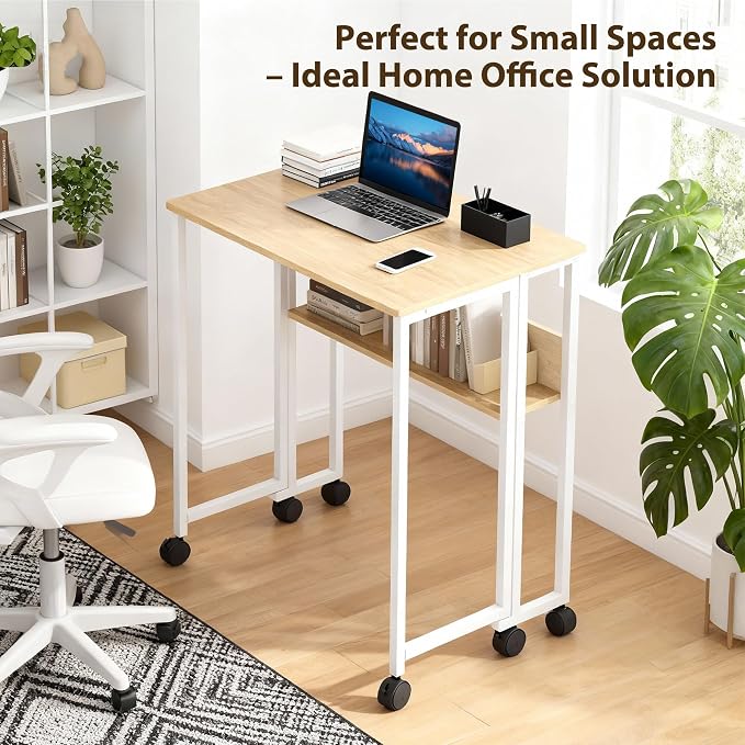 GAOMON 31.5" Folding Desk Rolling Desk with Storage Shelf,Space-Saving Foldable Computer Desk with Wheels,Portable Mobile Couch Sofa Side Table for Small Spaces, Home Office, Study, Easy Assembly,Oak
