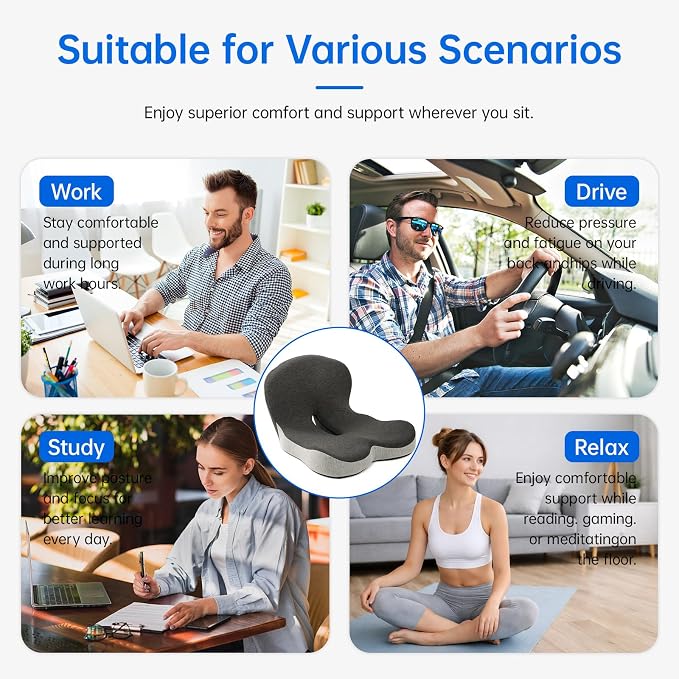 Memory Foam Seat Cushion with Lumbar Back Support, L-Shaped Ergonomic Chair Cushion for Office Chair, Car, Wheelchair, Gaming Seat, Non-Slip Washable Cover, Coccyx Support Pillow