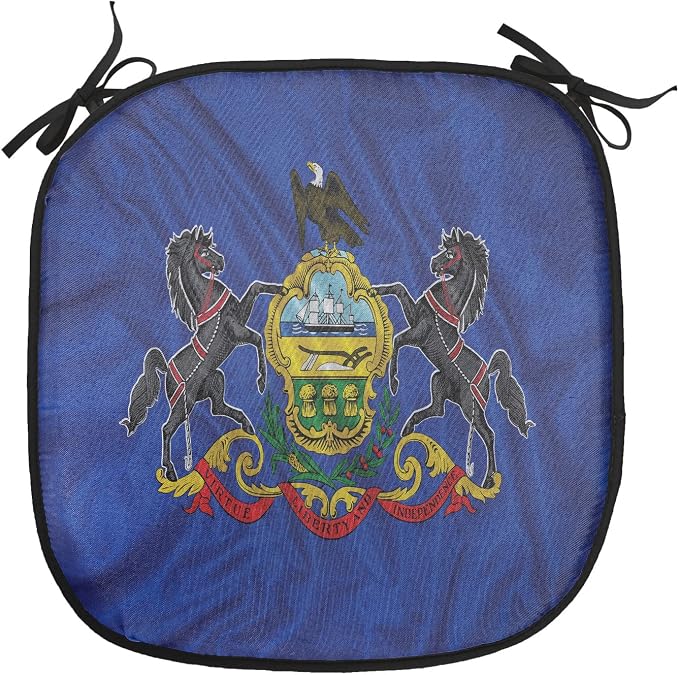 Lunarable American Chair Cushion Pads Set of 4, Pennsylvania Flag Sheaves of Wheat State Coat of Arms Wavy Patriotic, Anti-Slip Seat Padding for Kitchen & Patio, 16"x16", Blue Multicolor