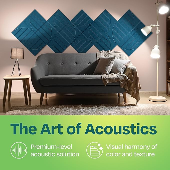 Acoustic Panels 12-Pack Soundproof Wall Panels 12"x12"x0.4" Decorative Sound Dampening for Your Home, Office, Studio, Bedroom & More with Unique ModuArc Carving [Ocean Turquoise]