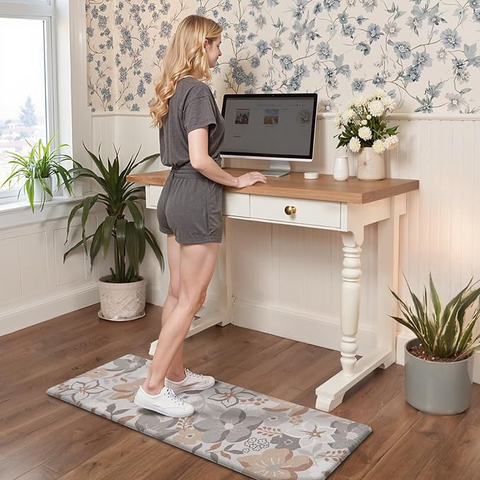 GENIMO Anti Fatigue Kitchen Mats for Floor 2PCS, Cushioned Standing Mats | 17.3"x47"&17.3"x30", Grey vintage floral rug set, waterproof, non slip, easy-clean for farmhouse