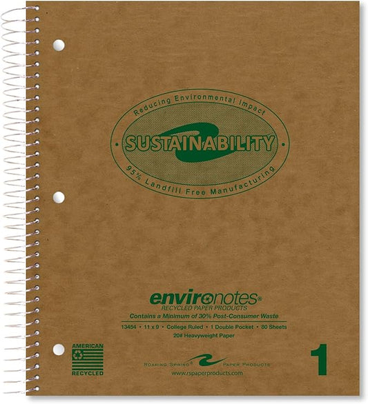 ROARING SPRING Environotes Recycled Spiral Notebook – 11" x 9", One Subject, 80 Sheets, College Ruled Perforated Heavyweight 20 lb Paper, Double Pocket, Made in USA