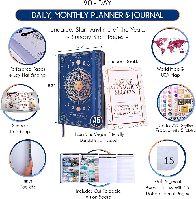 90-Day Goal Planner with Daily Journal, Gratitude & Habit Tracker | Daily Planner, Productivity, Time blocking, Manifestation & Affirmations with Vision Board, Self Care Journal for Women & Men