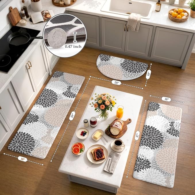KIMODE Half Circle Anti Fatigue Mats for Kitchen Floor Rug Sets of 3 | 18"x28+18"x47"+18"x59",Pink,Dahlia Floral Boho,Half Round,3PCS,Non Slip,Waterproof,for Sink Office Laundry Bathroom Decor