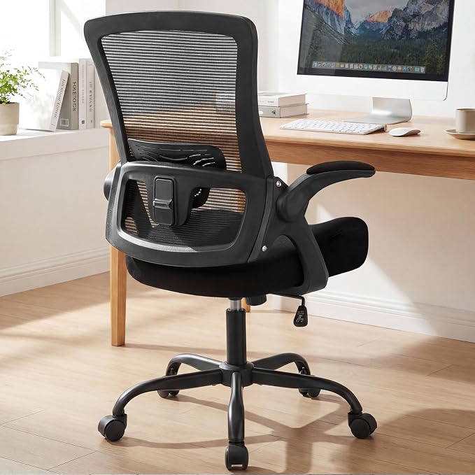 NEO CHAIR Office Chair High Back Desk Mesh Chair Comfy Computer Gaming Seat with Adjustable Ergonomic Lumbar Rolling Flip-up Armrests and Wheels (Black)
