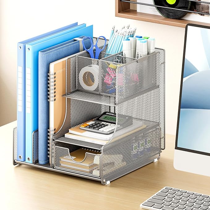 Lavatino Desk Organizer – 4-in-1 Silver Mesh Office Supplies Organizer with Pen Holder, File Holder, Desktop Tray, and Drawer for Home, Office, Classroom