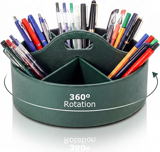 360° Rotating Leather Desk Storage Organizer with 6 Slots and Handle Extra-large Pen Holder Spinning Pencil Storage Lazy Susan Organizer Office Desk Supplies Marker, Art Supply(Green)