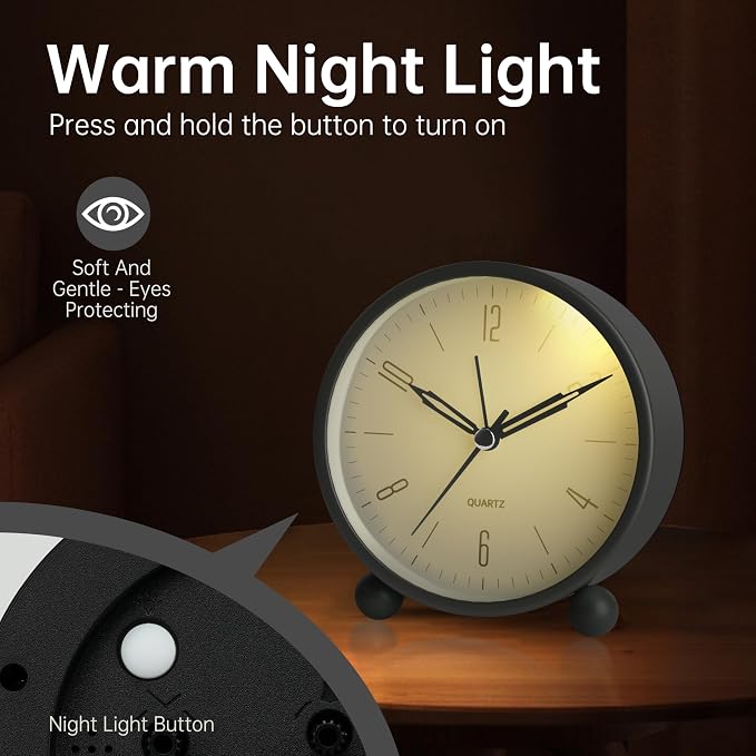 JALL Analog Alarm Clock, 4 inch Super Silent Non Ticking Small Clock with Night Light, Battery Operated, Simple Design, Old Fashioned Style Black Decor, for Bedroom, Bedside, Desk, Adult, Gift, Black