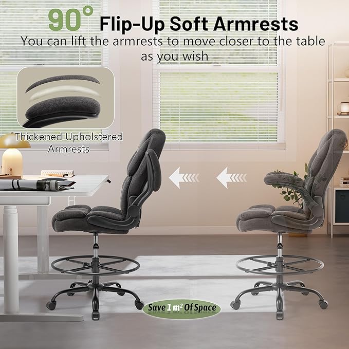 500LBS Drafting Chair, High Back Safer Standing Desk Chair, Executive Tall Office Chair with Flip-up Armrests, Upholstered Fabric Task Chair, Ergonomic Seat with Adjustable Height&Foot Ring, Black