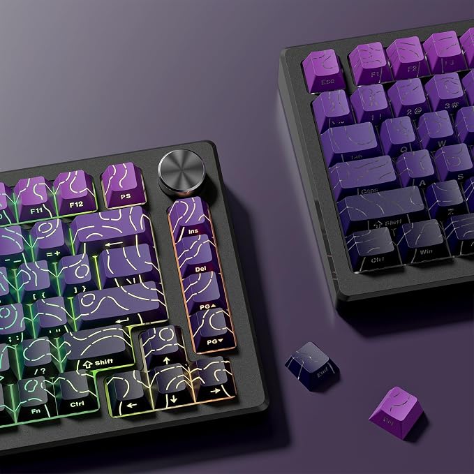 dagaladoo Topographic keycaps Line Backlit Gradient Purple keycaps Shine Through Keyboard Keys Side Printed Key caps Cherry Profile keycap Set for 61/64/66/68/71/75/84/87/100 Mechanical Keyboards