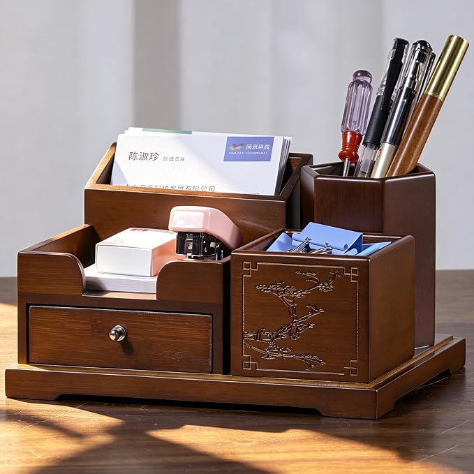 Bamboo Desk Organizer with Drawer, Wood Pen Holder & Card Slot, Brown | Desktop Storage Caddy, Office & Home | Natural Solid Bamboo, No Assembly, Non-Slip Base | Multi-Compartment, Ready to Use