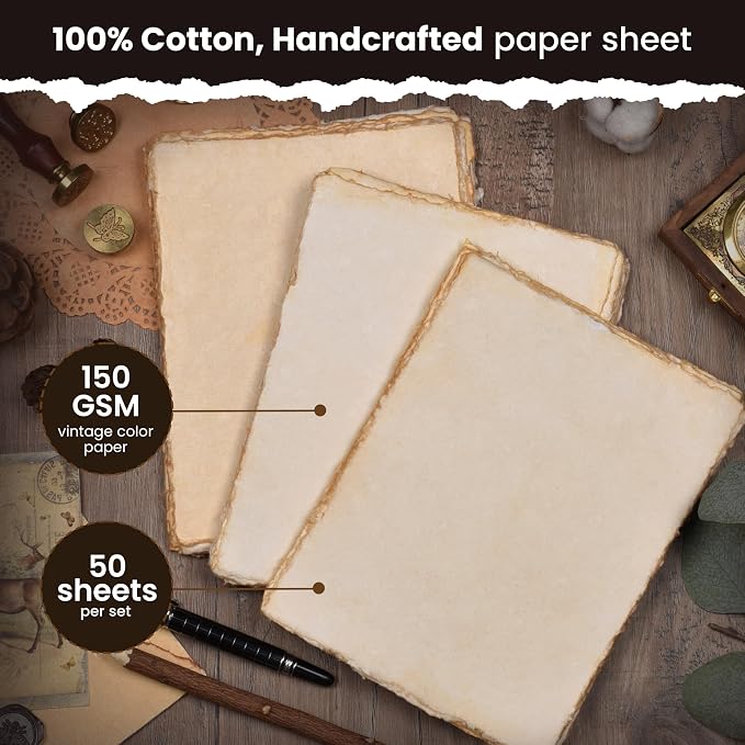 LEATHER VILLAGE Watercolor Paper - 9.5 X 12.5 inches, 50 Sheets - Mixed Media Watercolor Paper - 150 GSM Thick Deckle Edge Virgin Cotton Handmade Paper - Vintage Toned