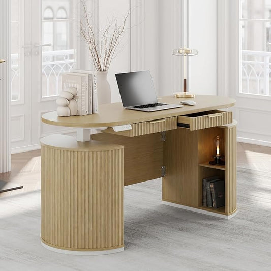 Electric Standing Desk with Storage Drawers, 63'' Executive Height Adjustable Desk with Privacy Panel and Shelves, Wood Fluted Computer Desk for Home Office, Light Walnut
