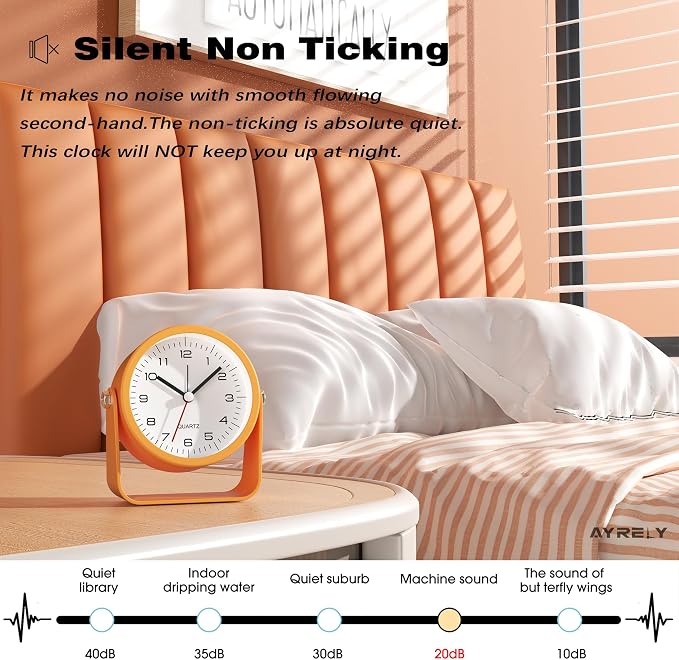 AYRELY® 3.5" Small Analog Travel Alarm Clock, Battery Operated Desk Clock | Cute Table Clock with Light, Adjustable Angle, Bedside, Bedrooms, Kids' Rooms and Living Room Decor (Orange)