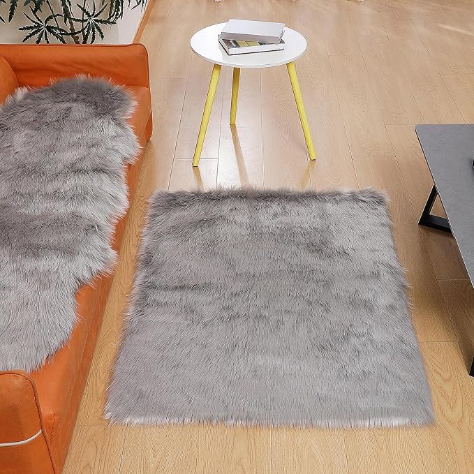 linmopm Faux Fur Sheepskin Rug, Grey, 3x4 ft | Shag Fluffy Fuzzy, Rectangle, High-Density Cushion, For Bedroom Bedside Living Room, Plush Sofa Cover