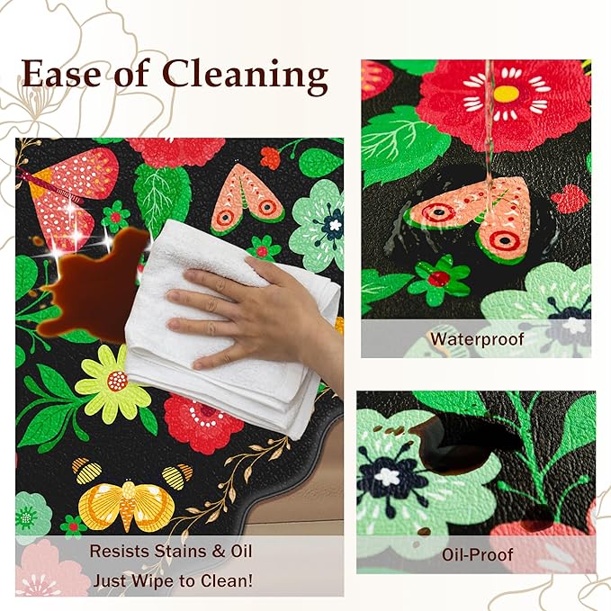Scalloped Black Kitchen Mats for Floor 2PC Cushioned Anti Fatigue Kitchen Mats Rugs Waterproof Non Slip Boho Floral Comfort Foam Standing Mat for Sink Laundry,17.3x30+17.3x59