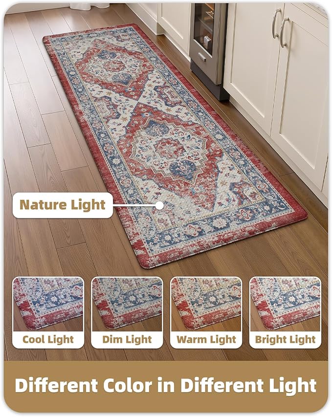 Color&Geometry Kitchen Mat for Floor 24x59 Faded Vintage Anti Fatigue, Red | 0.4in Cushion Standing Mat For Cooking/Working/Laundry, Boho Decor, Non Slip PVC Kitchen Rug, Oil/Water Proof, Anti Slip