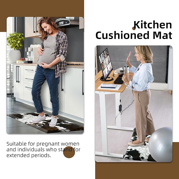 Tyrot Cowhide Kitchen Mat Cushioned Anti Fatigue - 1/2 Inch Thick Western Cow Kitchen Mats for Floor, Non Slip PVC Waterproof Standing Desk Ergonomic Comfort Rugs for Sink, Office, Laundry, 17.3x60