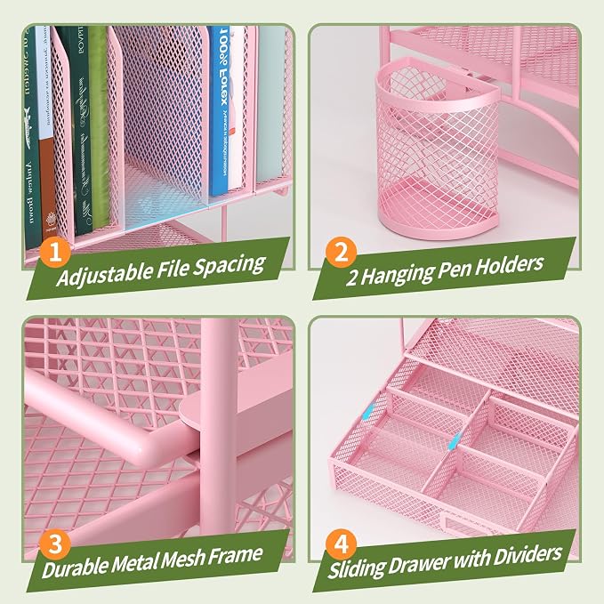 FANXIYQ Metal Desk Organizer with Sliding Drawer, 7-Section File Organizer for Desk, Desktop File Folder & Paper Organizer with 2 Hanging Pen Holders, Office Supplies Organizer, Pink