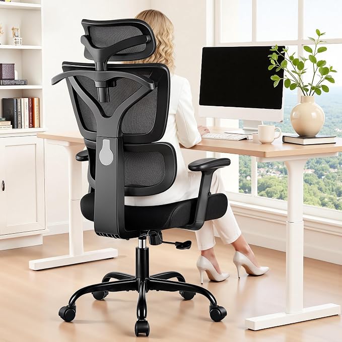 Ergonomic High Back Mesh Office Chair, Lumbar Support (Black) | Smooth 90° to 135° recline for work, read, or rest. Swivel big and tall gaming Chair. Adjustable armrest headrest height.