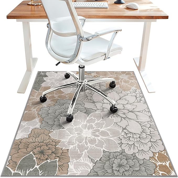 36"x60" Office Chair Mat for Hardwood Tile Floor, Under Desk Carpet Protector for Rolling Computer Chair Mat, Machine Washable Area Rug, Anti-Slip 1/5" Thick Low Pile Thin Vinyl Floor Mat, Taupe Grey