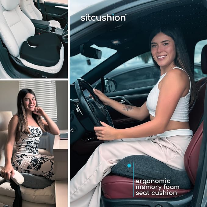 SitCushion Car Seat Cushion for Long Driving – X Large Memory Foam Seat Cushion with Breathable 4D Mesh Cover, Sciatica & Tailbone Pain Relief, Orthopedic Coccyx Cushion for Car, Truck (Black)