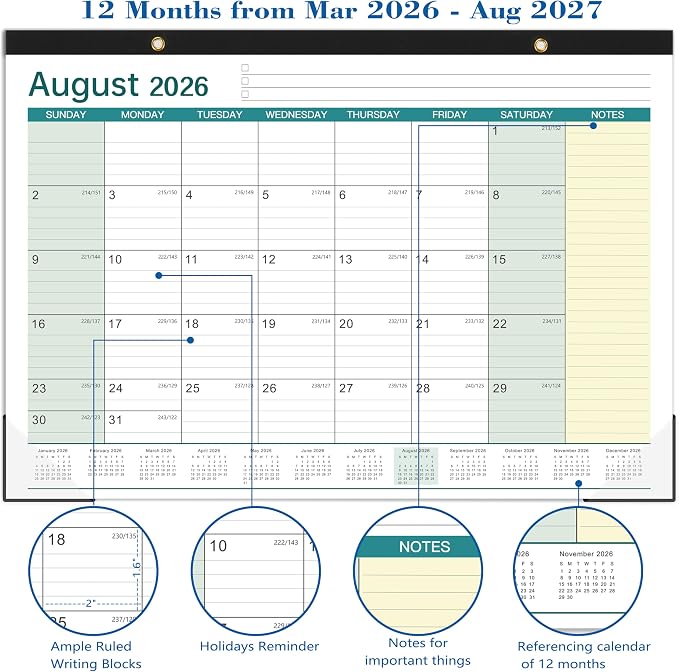 Desk Calendar 2026-2027 - 17" x 12" Desk Calendar 2026-2027, Mar. 2026 - Aug. 2027, Desk Pad Calendar, Desk/Wall Calendar 2-in-1 with Notes, Corner Protector, Blocks