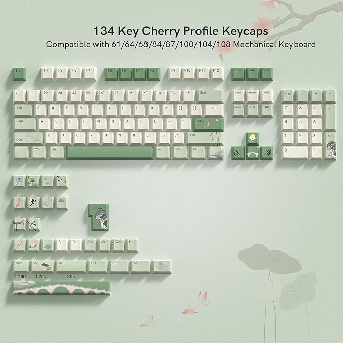dagaladoo Keyboard keycaps Set,Matcha Green PBT keycaps 60% 75% 100%,dye-Sublimation Cherry Profile Custom Keyboard caps for Cherry-mx Full Size Retro Mechanical Keyboard,Spring Tea,134keys