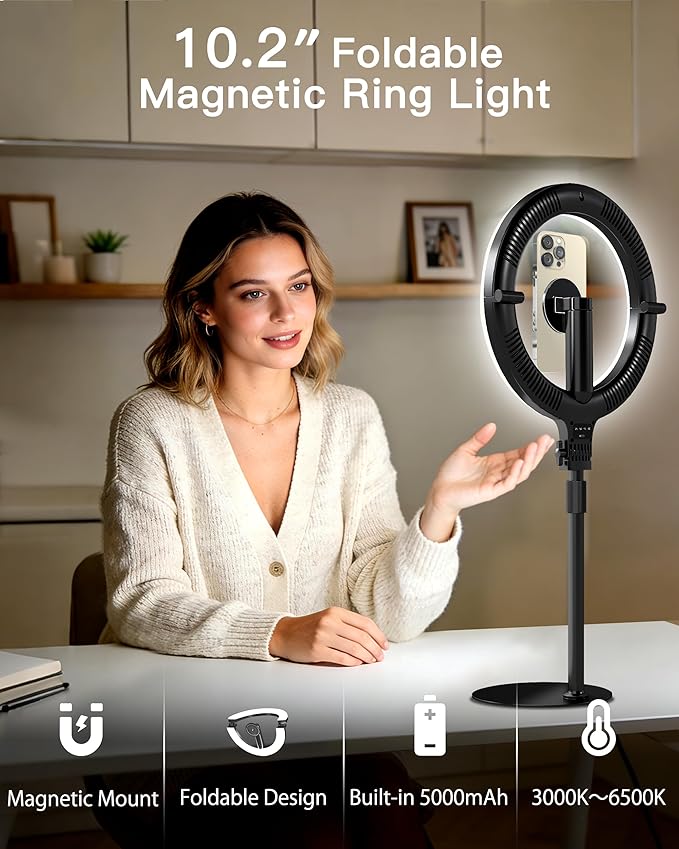 NiceVeedi 10.2” Magnetic Desk Ring Light with Stand, 5000mAh Rechargeable Desktop Ring Light for Phone，3 Color Foldable Selfie Light for Live Stream/Makeup/TikTok/YouTube/Photography/Zoom/Vlogging
