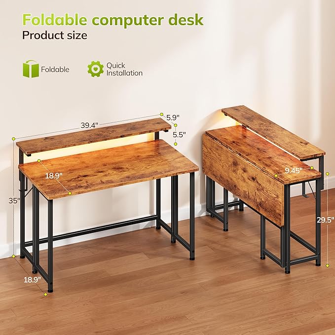 Folding Desk,Foldable Computer Desk with Monitor Stand,39.4 Inch Gaming Desk with LED Lights & Hooks,Space Saving Sofa Table for Couch,Home Office Desk for Bedroom Living Room,Rustic Brown
